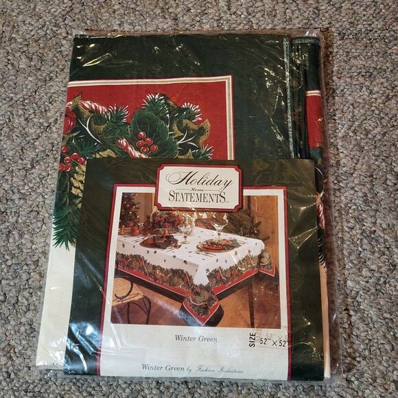 Christmas Tablecloth Holiday Home Statements Cotton Fabric Winter Green 52x52" - Picture 1 of 4